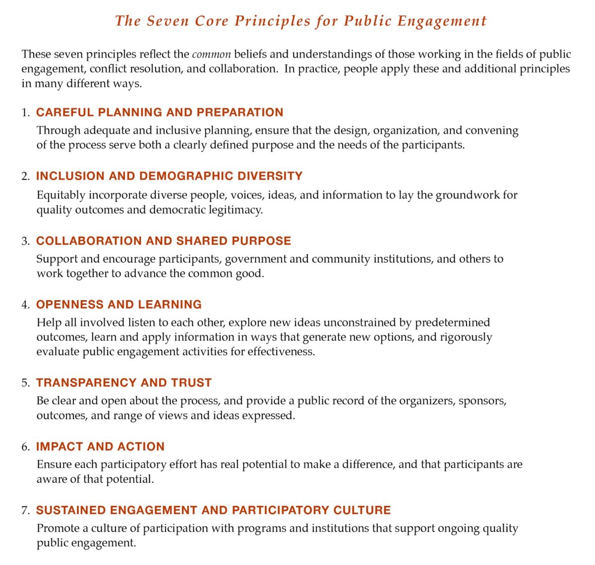This illustration of the Core Principles of Public Engagement describes the foundational practices used to promote more effective, open, and equitable public participation in government decision-making.