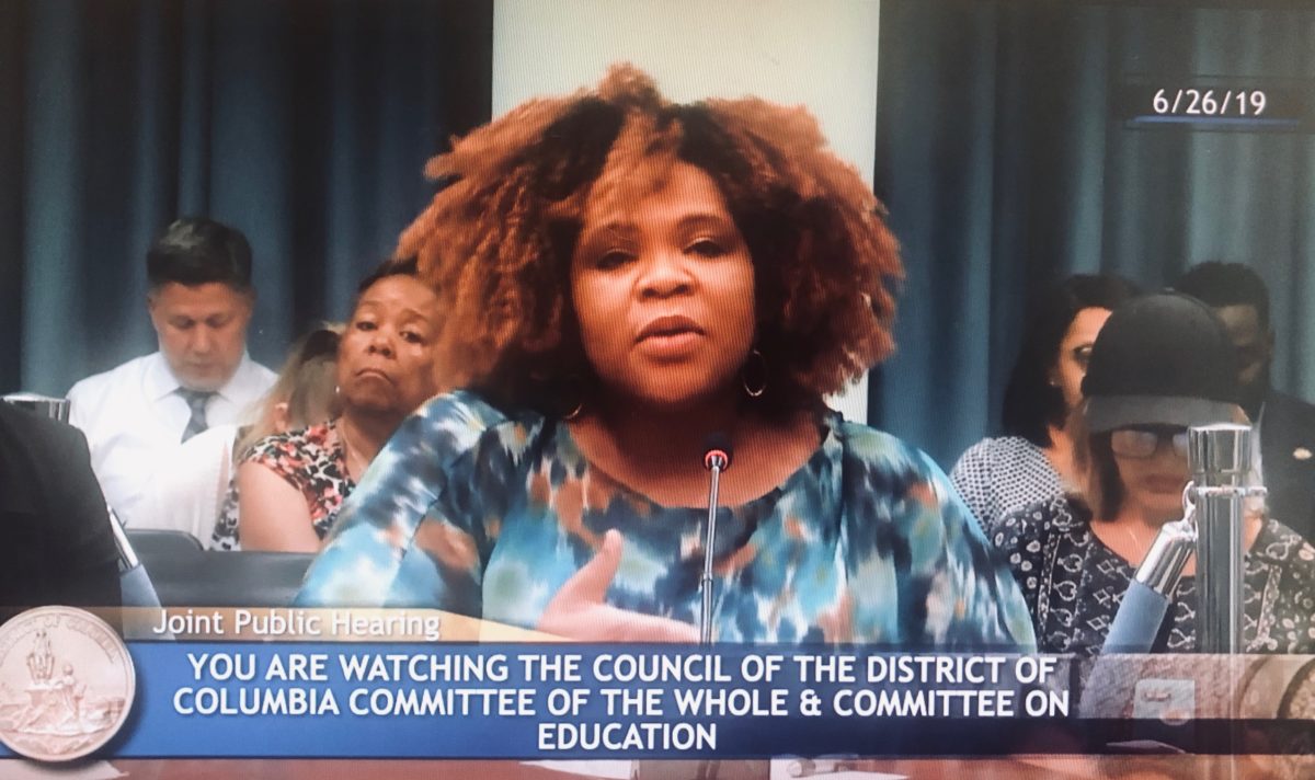 A June 26, 2019 screenshot of Chioma Oruh, disability rights advocate and parent support specialist with Advocates for Justice and Education, delivering testimony to the District of Columbia Council Committee on Education.
