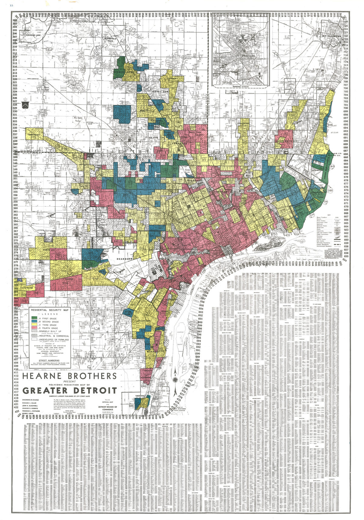 An archival redlining map from the Hearne Brothers Homeowners Loan Corporation of greater Detroit neighborhoods in 1939.