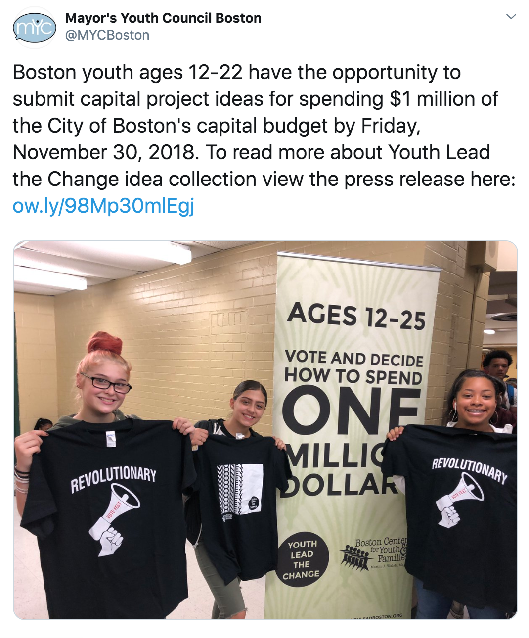 @MYCBoston Mayor's Youth Council Boston tweets opportunity for Boston youth to get involved in $1 million Youth Lead the Change participatory budgeting process.