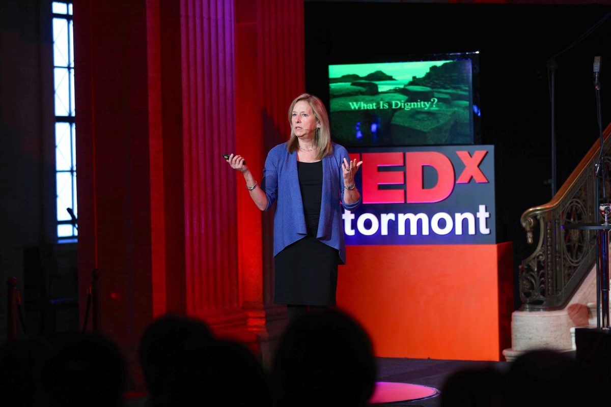 A photo of Donna Hicks delivering a talk a TEDxStormont in Belfast, Northern Ireland, in 2013.