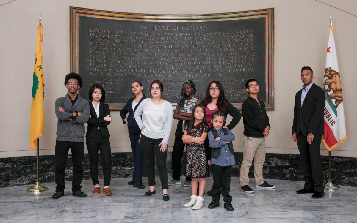Photo of elected student representatives of the Oakland Unified School District All City Council Student Union after meeting with the Oakland City Council to discuss student priorities for the 2019–2020 district budget.