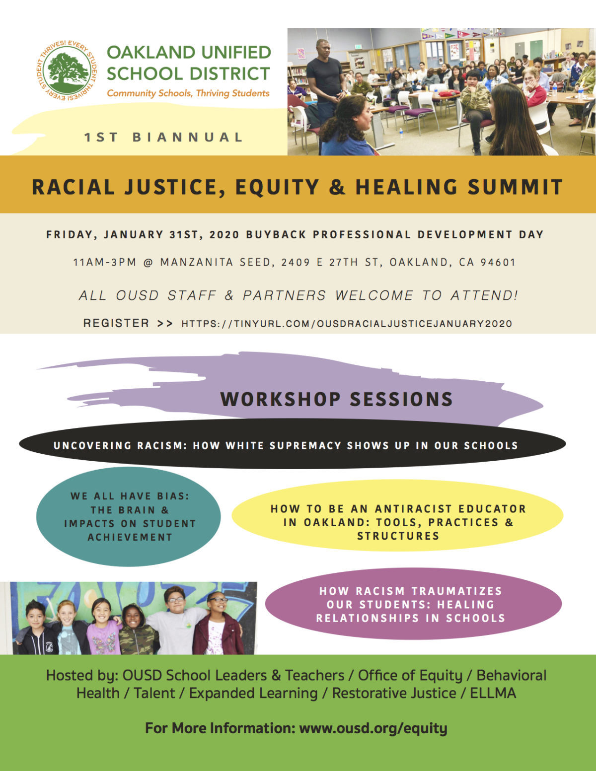 Image of a flyer promoting Oakland Unified School District’s first biannual Racial Justice, Equity, & Healing Summit held on January 31, 2020.