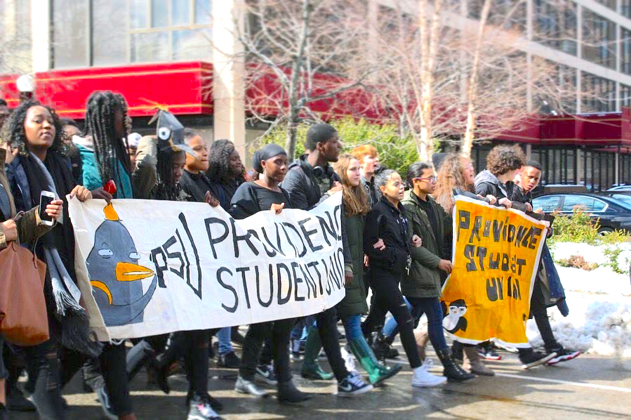A January 2017 photo of students in Providence, Rhode Island, participating in a walkout protest of the presidential inauguration organized by Providence Student Union.
