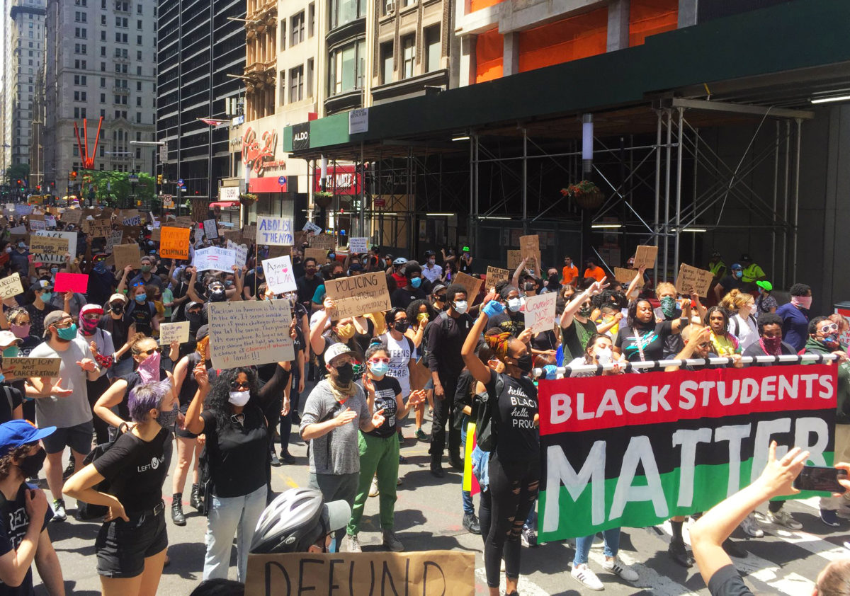 A photo of students, parents, and educators co-organized by Teachers Unite marching to New York City Hall on June 6, 2020 to call for the removal of NYPD officers from the city's public schools.